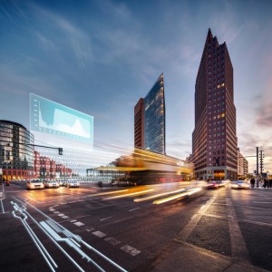 potsdamer platz at sunset with traffic